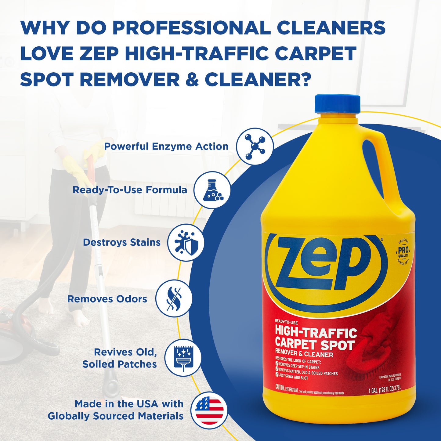 Zep High Traffic Carpet Spot Remover & Cleaner – Enzymatic Stain Remover – 1 Gallon