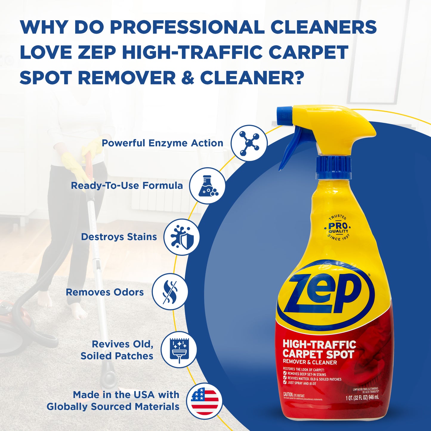 Zep High Traffic Carpet Spot Remover & Cleaner – Enzymatic Stain Remover – 32 Oz.