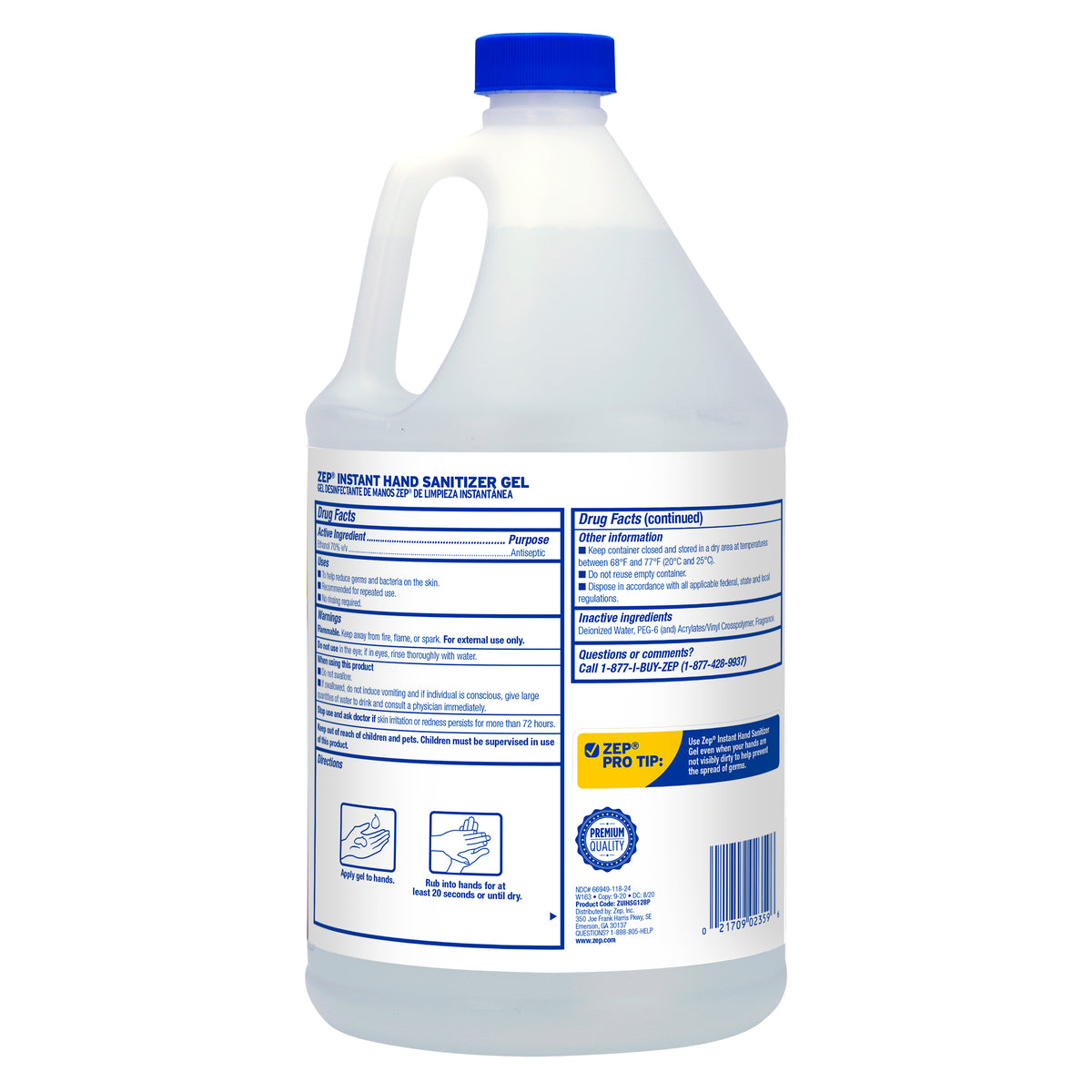 Zep Instant Hand Sanitizer Gel – Kills 99.99% of Germs – 1 Gallon