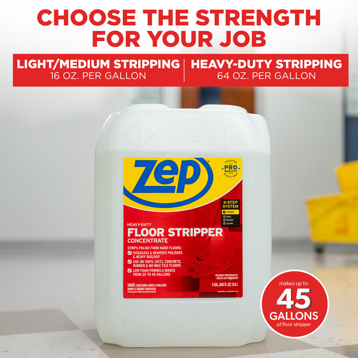 Zep Heavy-Duty Floor Stripper Concentrate – Removes Heavy Polish Buildup – 5 Gallon