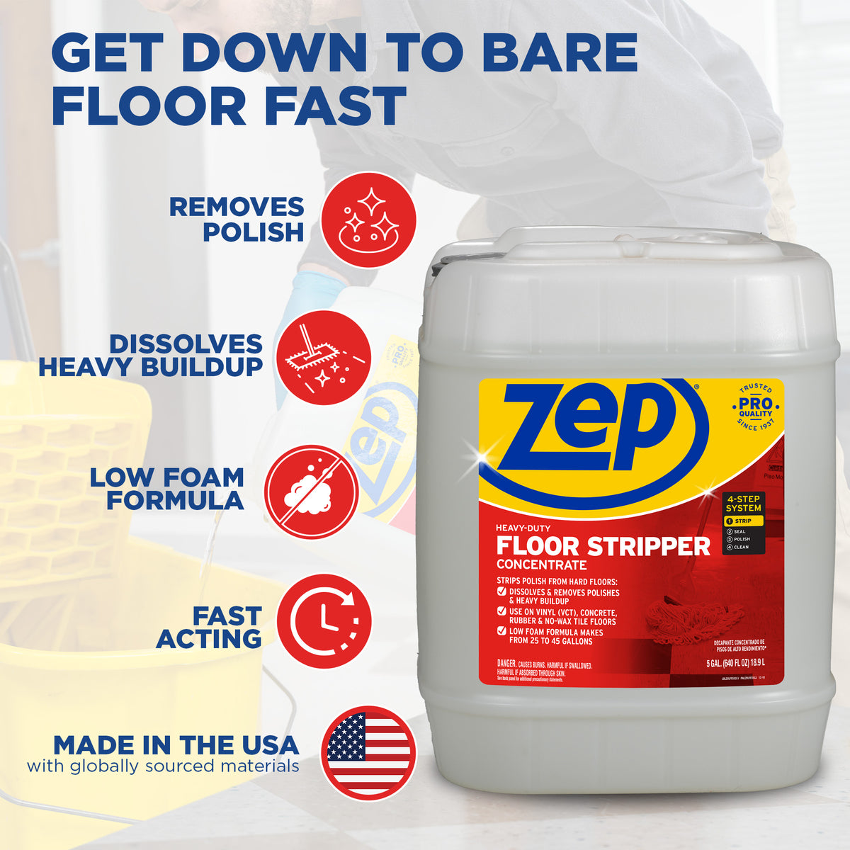 Zep Heavy-Duty Floor Stripper Concentrate – Removes Heavy Polish Buildup – 5 Gallon