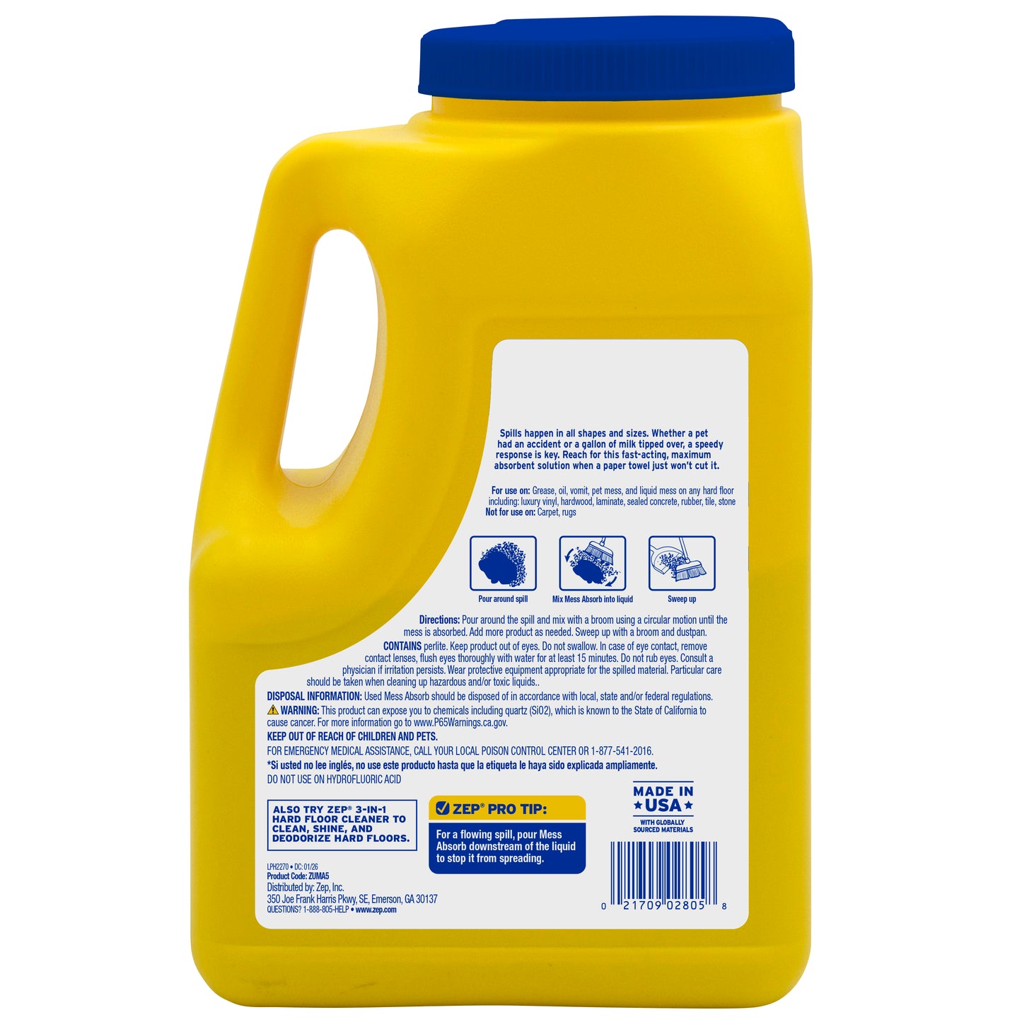 Zep Mess Absorb Hard Floor Spill Absorbent for Pet Mess, Grease, Oil & Liquid Spills - 2 lbs