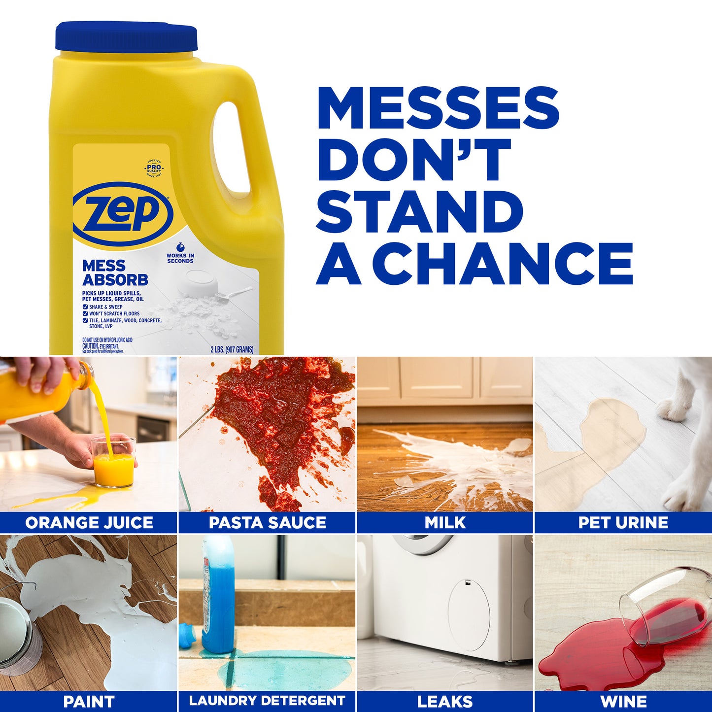 Zep Mess Absorb Hard Floor Spill Absorbent for Pet Mess, Grease, Oil & Liquid Spills - 2 lbs
