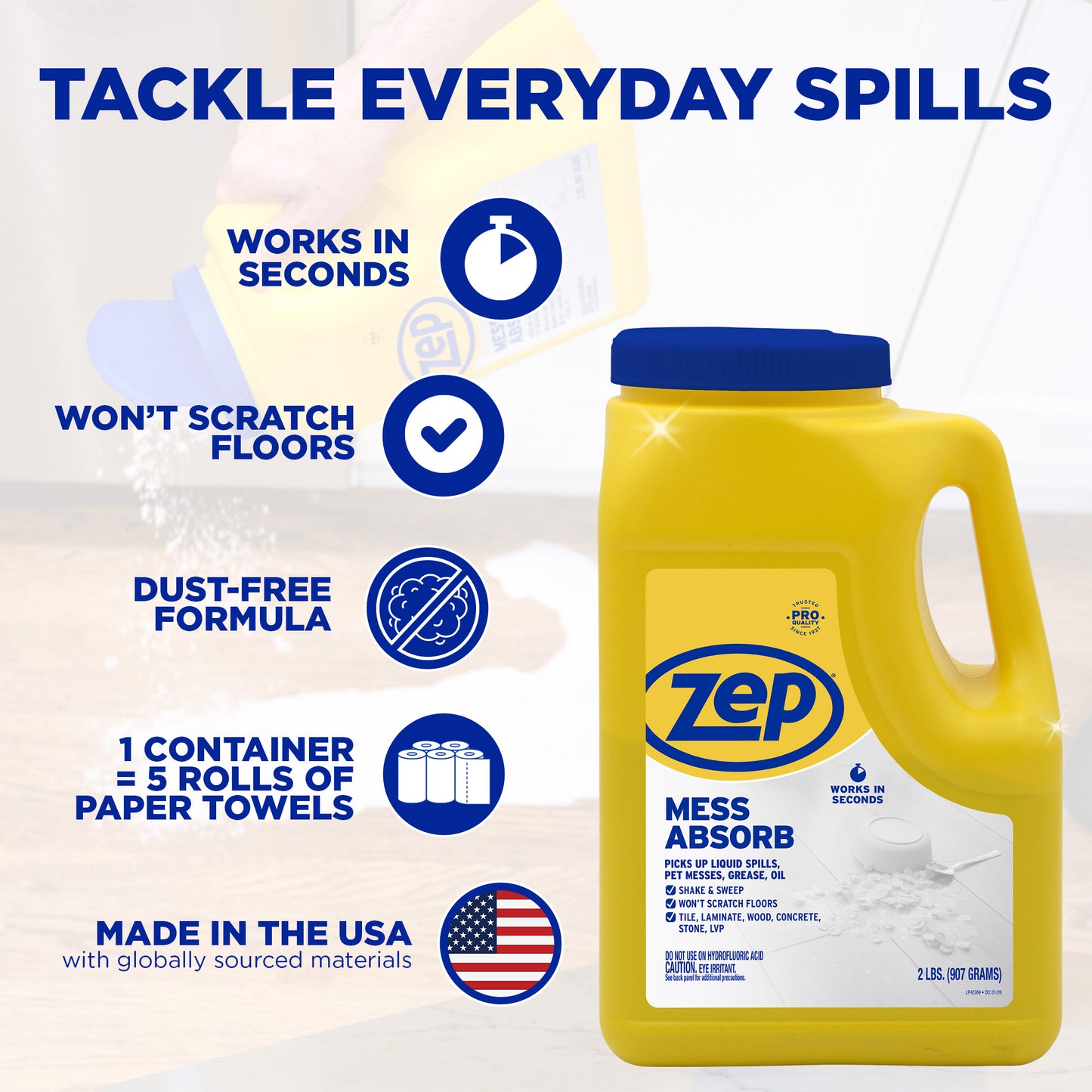 Zep Mess Absorb Hard Floor Spill Absorbent for Pet Mess, Grease, Oil & Liquid Spills - 2 lbs