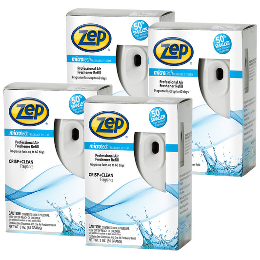 Zep Microtech Starter Kit Metered Air Freshener Dispenser and One Crisp & Clean Fragrance Refill - 3 Ounce (Case of 4) ZUMFKIT14 - Great for Odor Control in Kitchen, Bathroom, Bedroom, and MORE