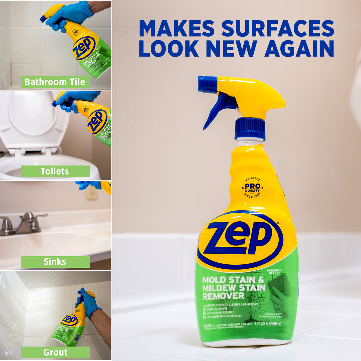 Zep Mold Stain and Mildew Stain Remover – Powerful Bleach Formula – 32 oz