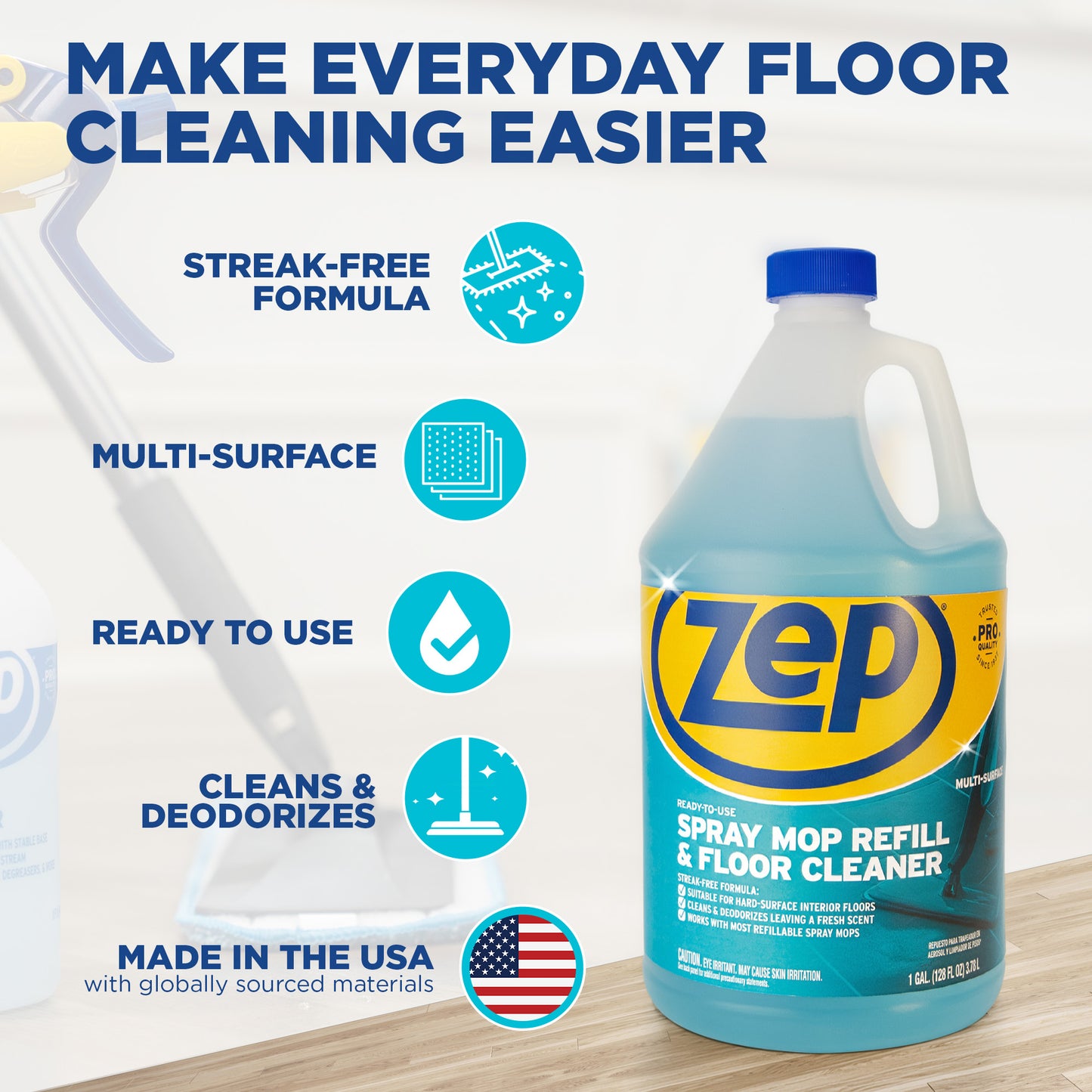 Zep Spray Mop Refill & Floor Cleaner – Streak-Free Shine for Hard Floors – 1 Gallon with Zep E-Z Fill Sprayer 2-Pack – Bundle