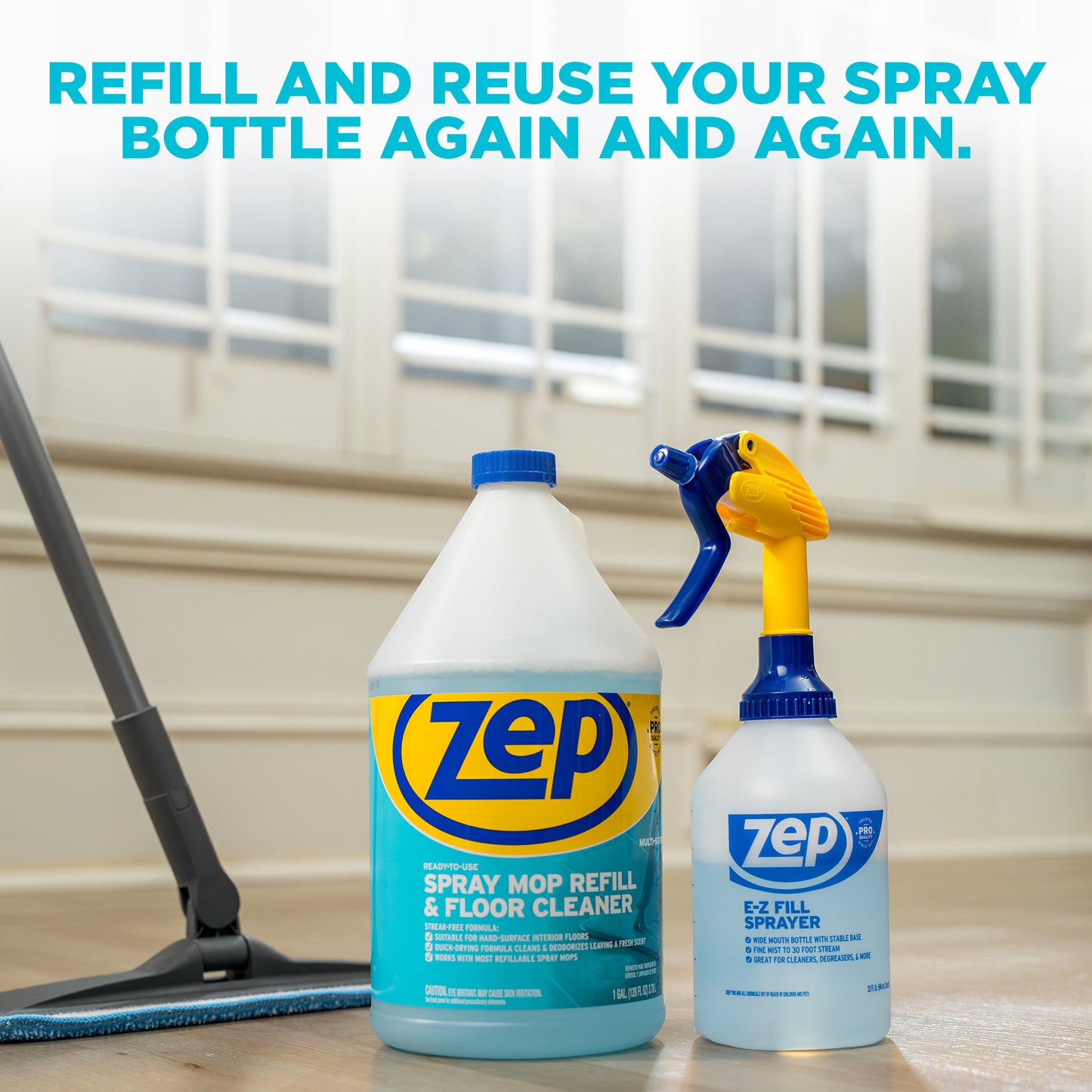 Zep Spray Mop Refill & Floor Cleaner – Streak-Free Shine for Hard Floors – 1 Gallon with Zep E-Z Fill Sprayer 2-Pack – Bundle