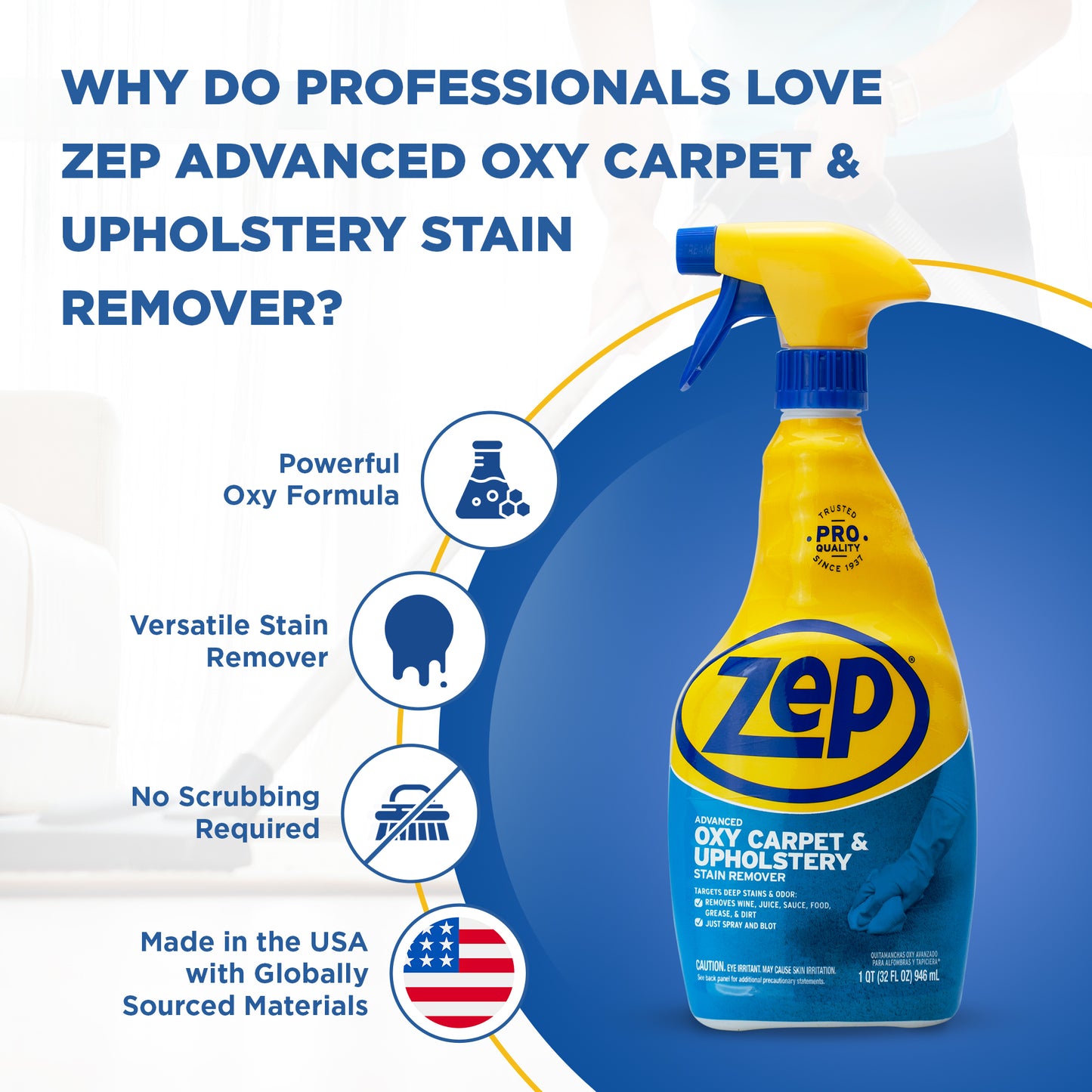 Zep Advanced Oxy Carpet & Upholstery Stain Remover – Targets Deep Stains and Odors – 32 oz