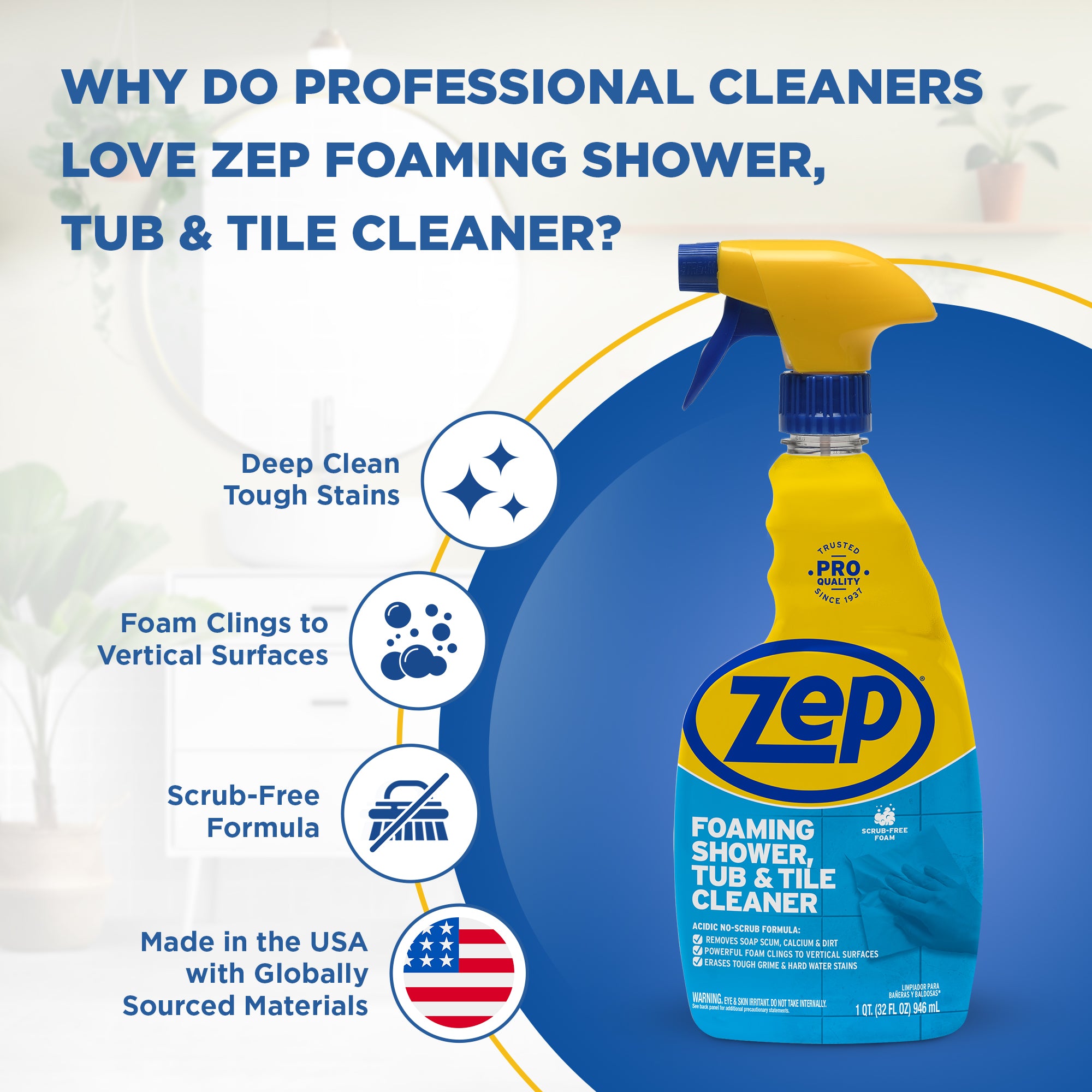 Zep Foaming Shower, Tub & Tile Cleaner - Scrub-Free Foam - 32 oz