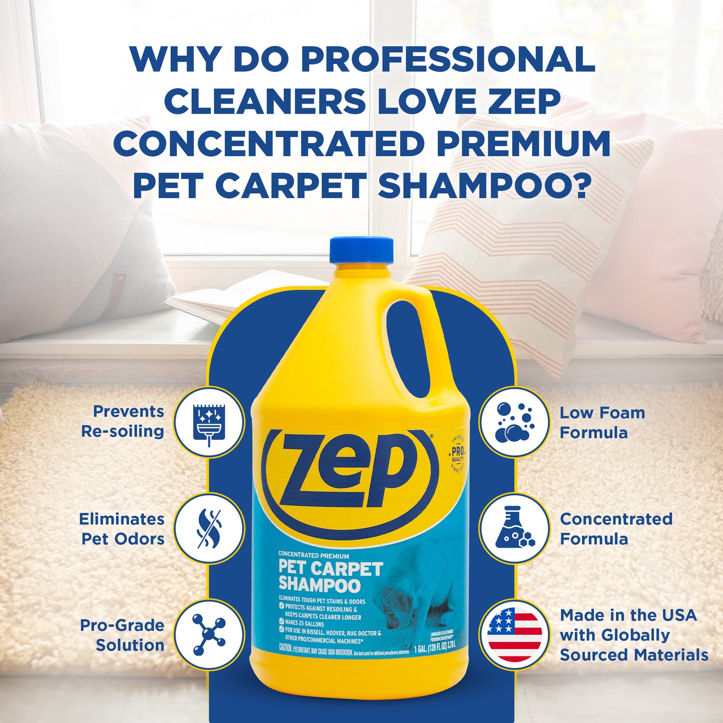 Zep Pet Carpet Shampoo Concentrate – Eliminates Pet Stains & Odors – 1 Gallon