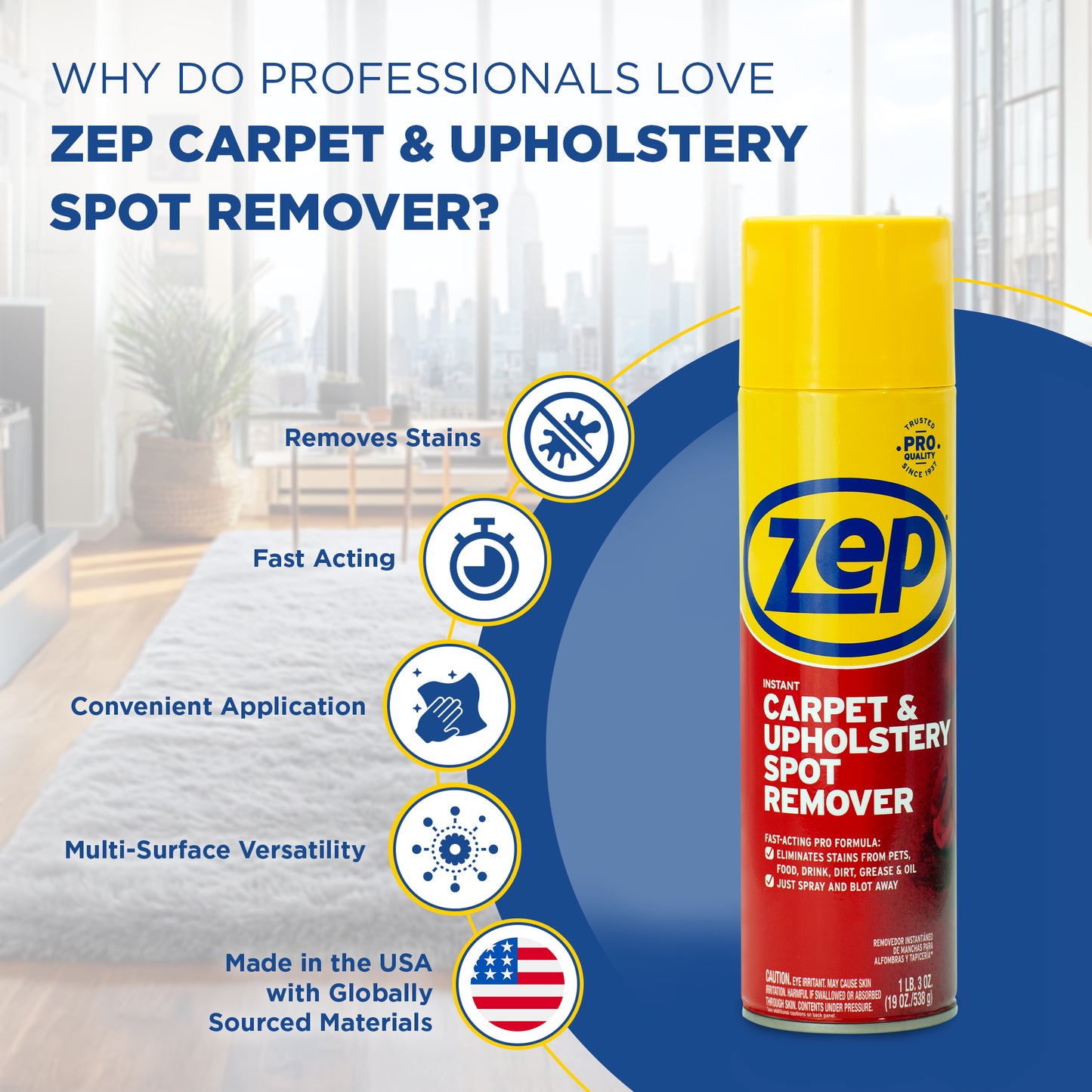 Zep Instant Carpet & Upholstery Spot Remover 19 oz and Zep Foaming Wall Cleaner 18 oz