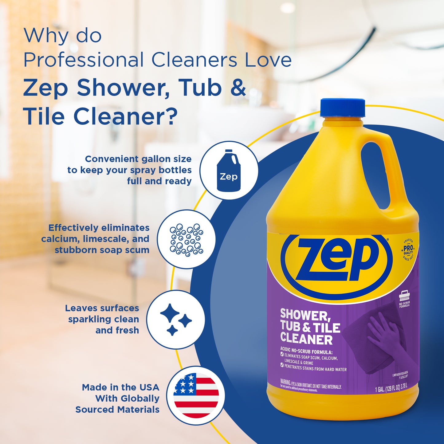 Zep Shower, Tub & Tile Cleaner – Eliminates Hard Water Stains – 1 Gallon