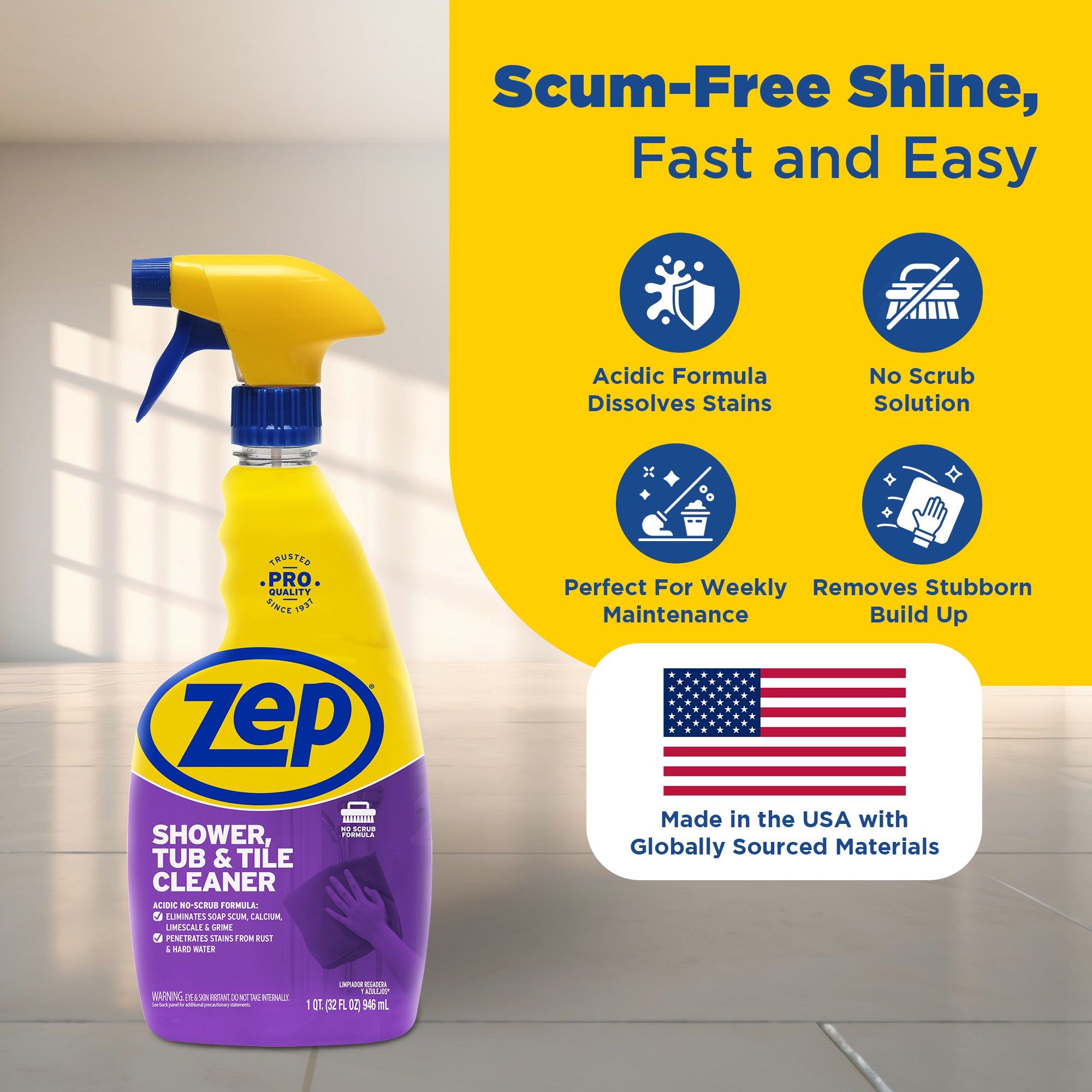 Zep Shower, Tub & Tile Cleaner - Acidic No-Scrub Formula - 32 oz