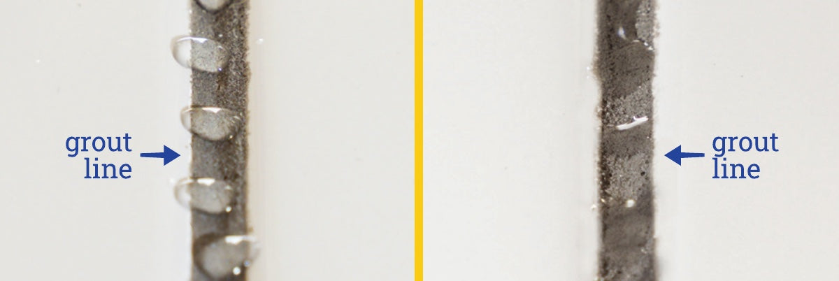 Grout line with XtraGuard Technology beads water and repels buildup, versus grout without XtraGuard where grime soaks in